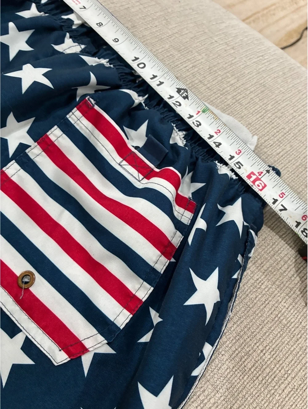 Men's Navy Blue Swim Shorts with White Star Print and Striped Back Pocket